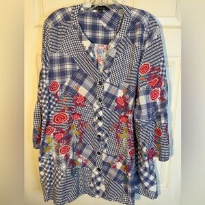 Caleesa Blue Plaid Button Down Shirt with Floral Embroidery Johnny Was Vibes 3X